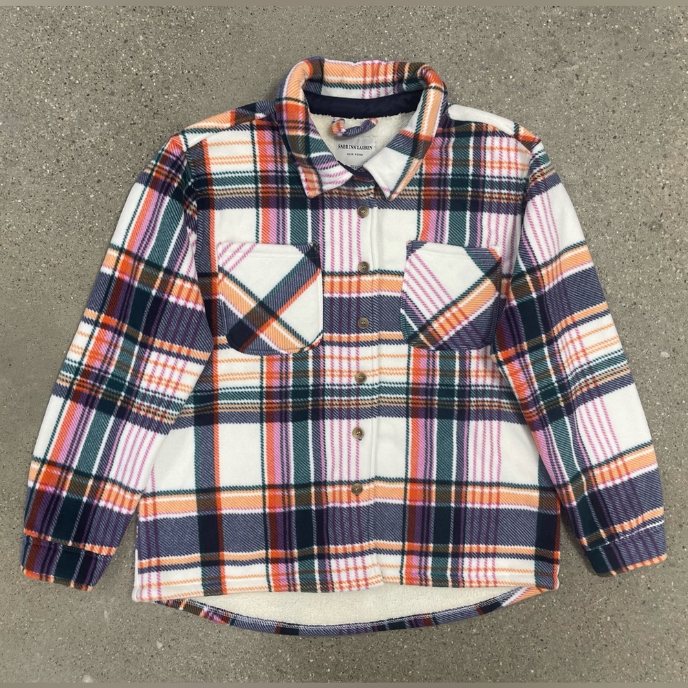 NWT Sabrina Lauren Colorful Plaid Sherpa Shirt Jacket size Large